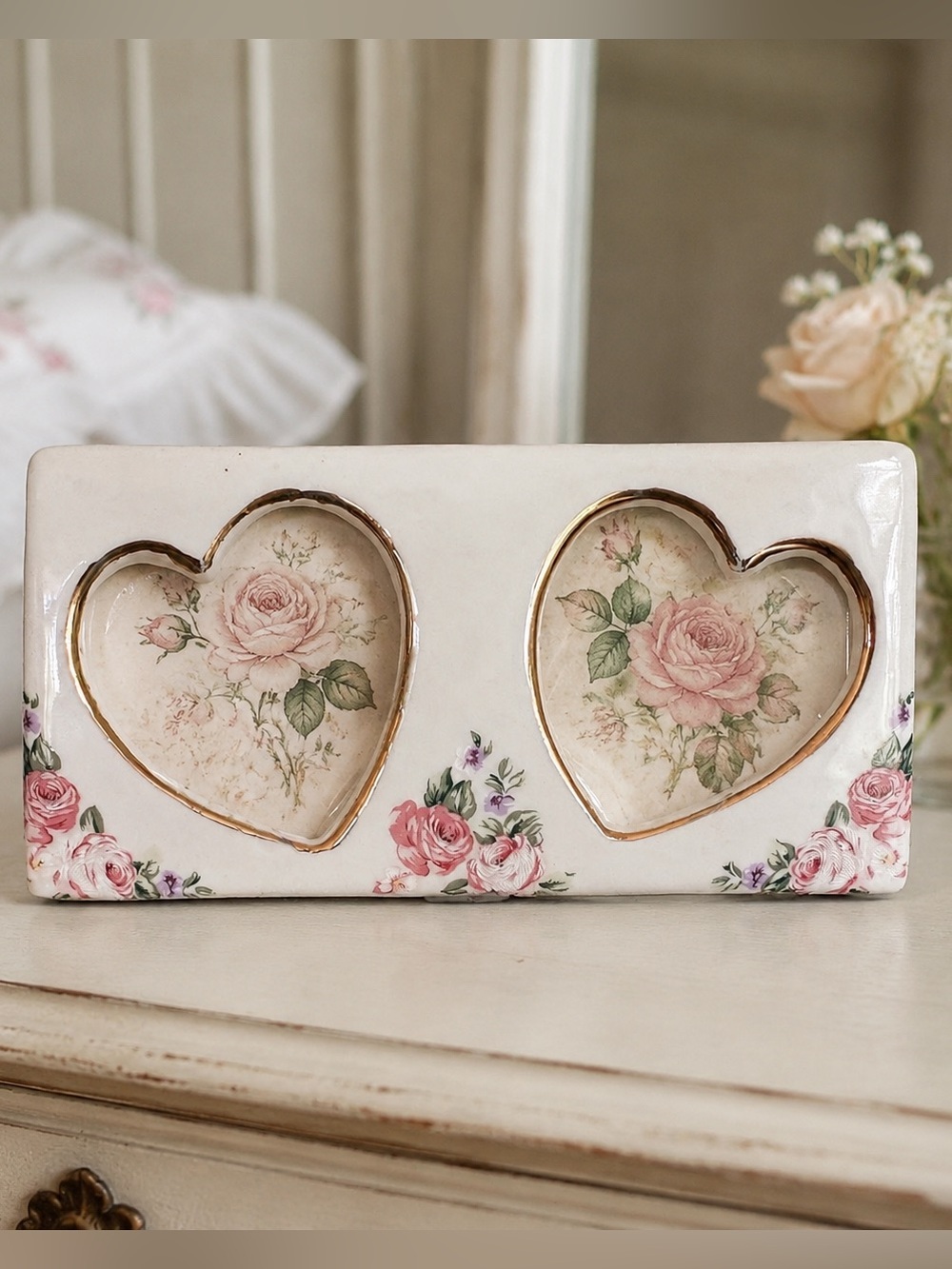 Vintage Ceramic Double Heart Picture Frame Pink Roses Gold Trim